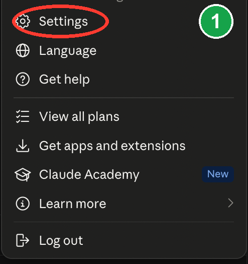 The app menu with Settings circled