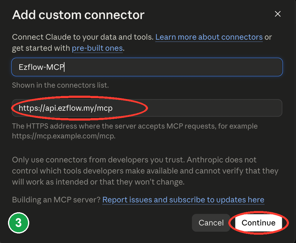 The address field with the EzFlow MCP URL circled and Continue