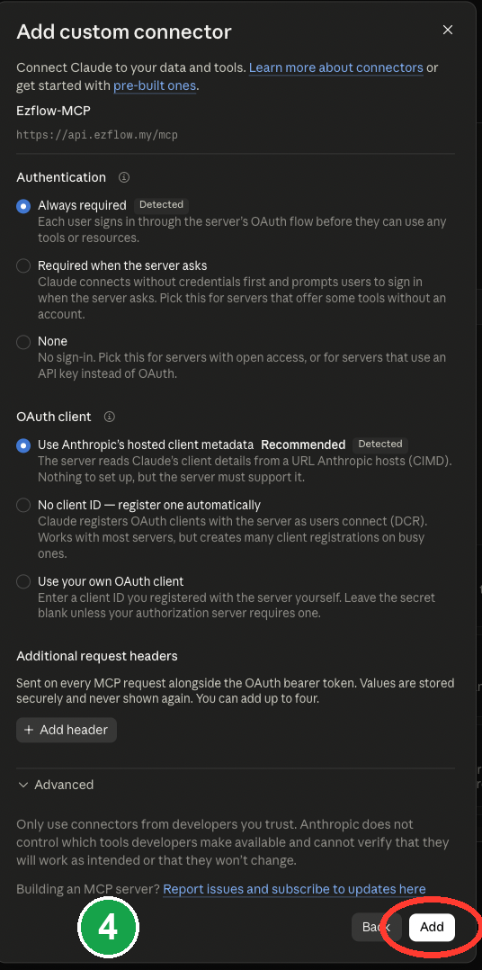 The connector security defaults with the Add button circled