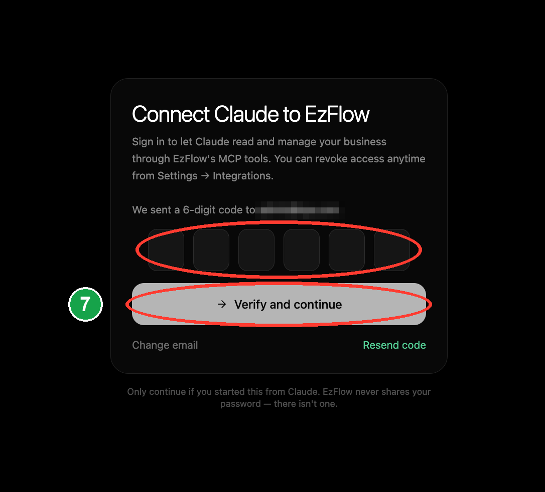 The code entry boxes and Verify and continue circled
