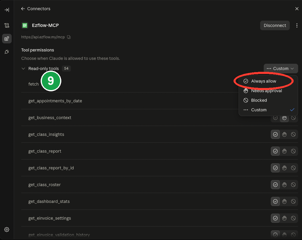 The tool permissions menu with Always allow circled