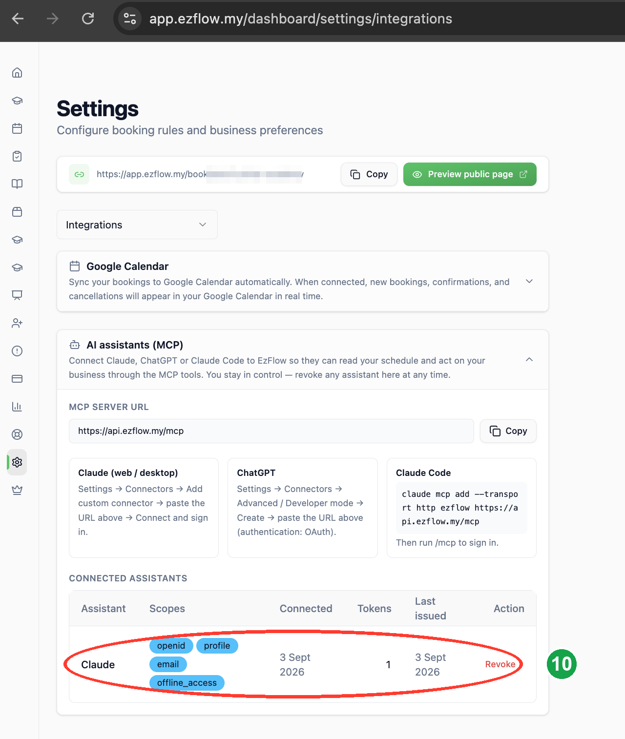 EzFlow Settings Integrations showing the connected assistant, with the row circled