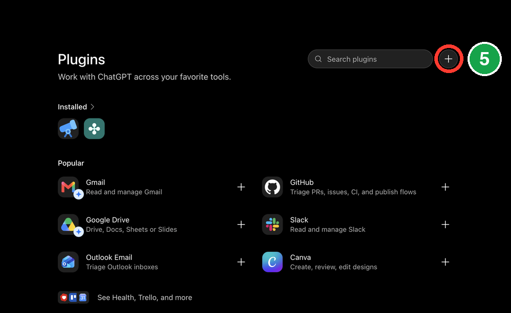 The Browse plugins screen with the plus button circled