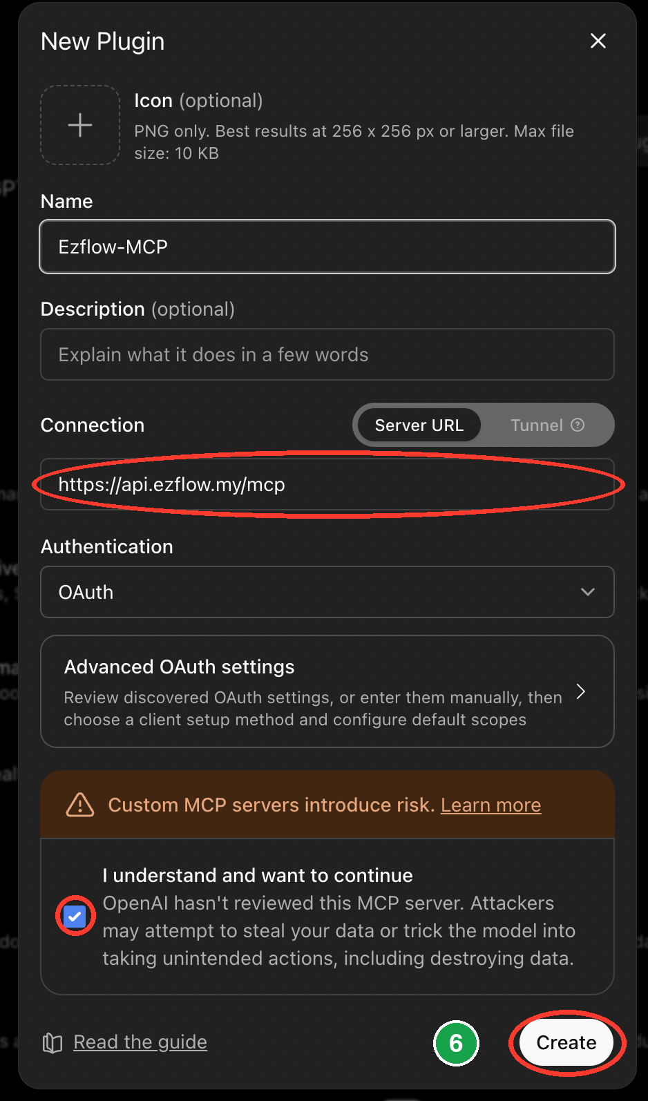 The New Plugin form with the server URL, the confirmation tick box and Create circled