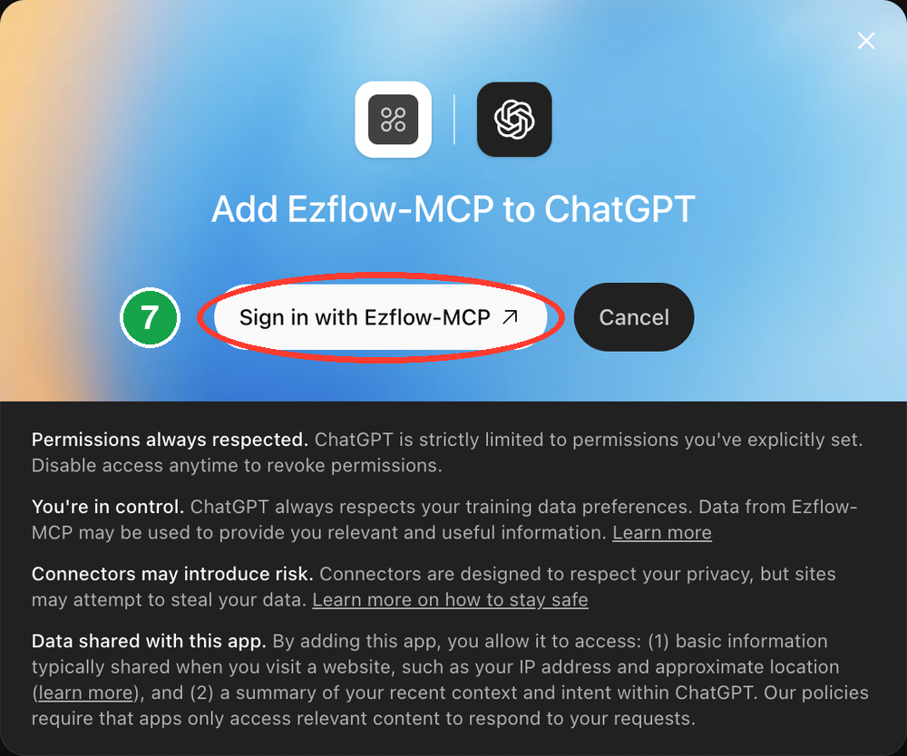 The Add Ezflow-MCP to ChatGPT dialog with Sign in with Ezflow-MCP circled