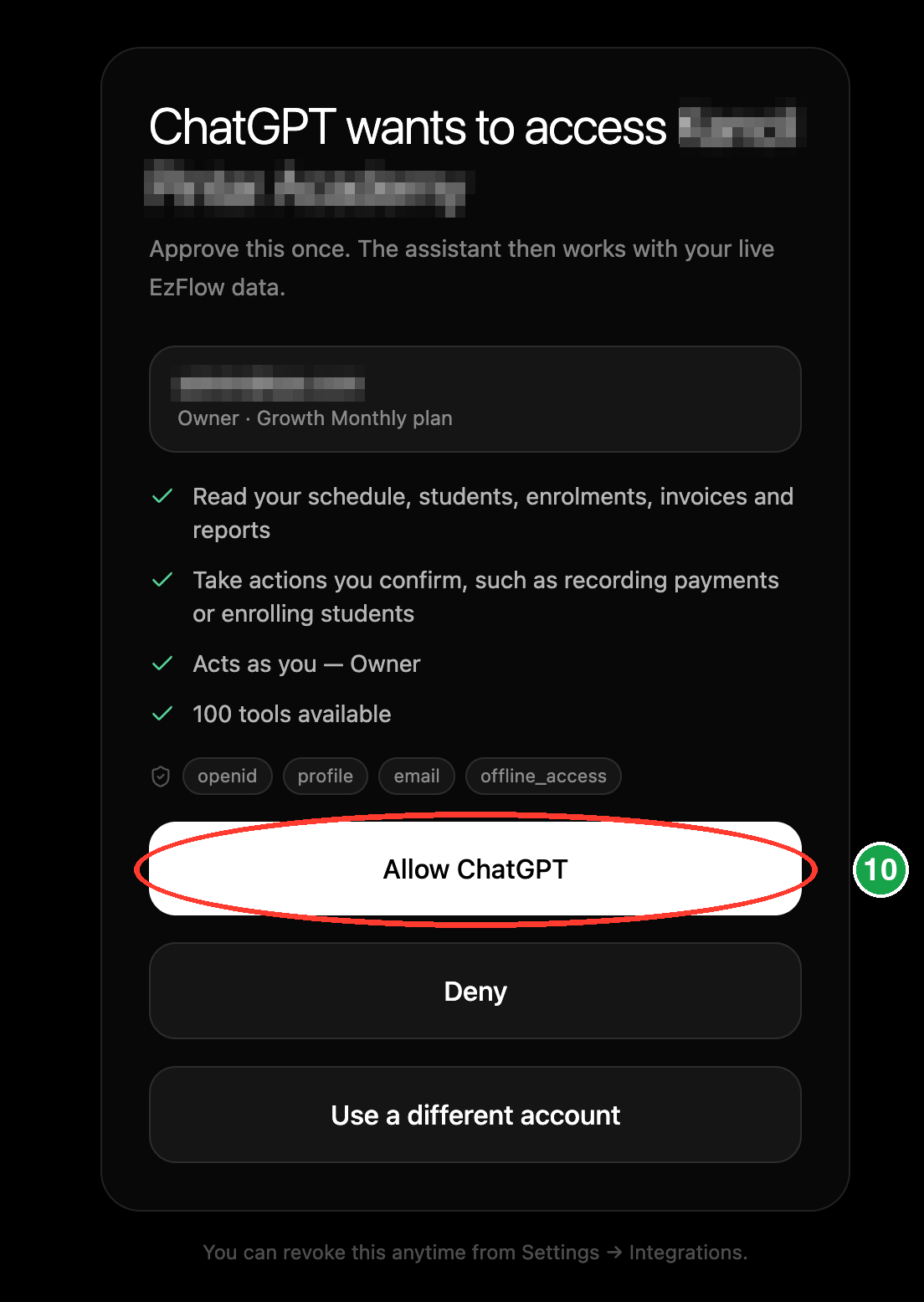 The consent screen with the Allow ChatGPT button circled