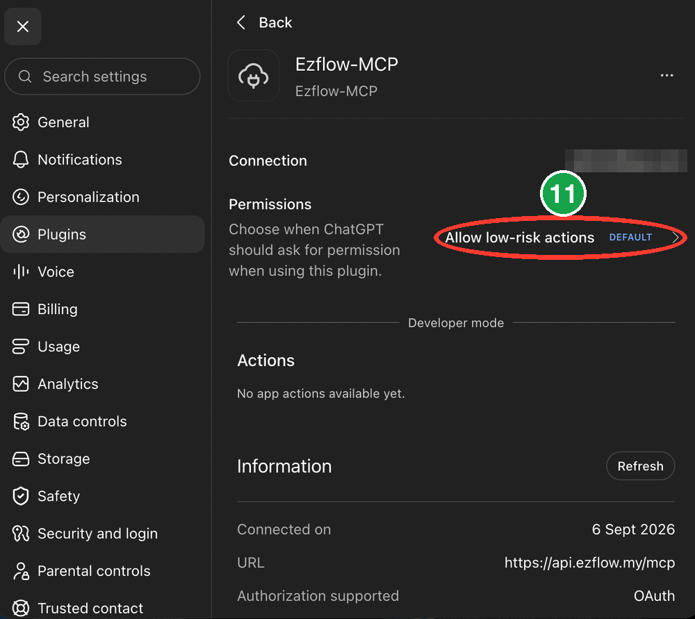 The Ezflow-MCP plugin page with the Permissions setting circled