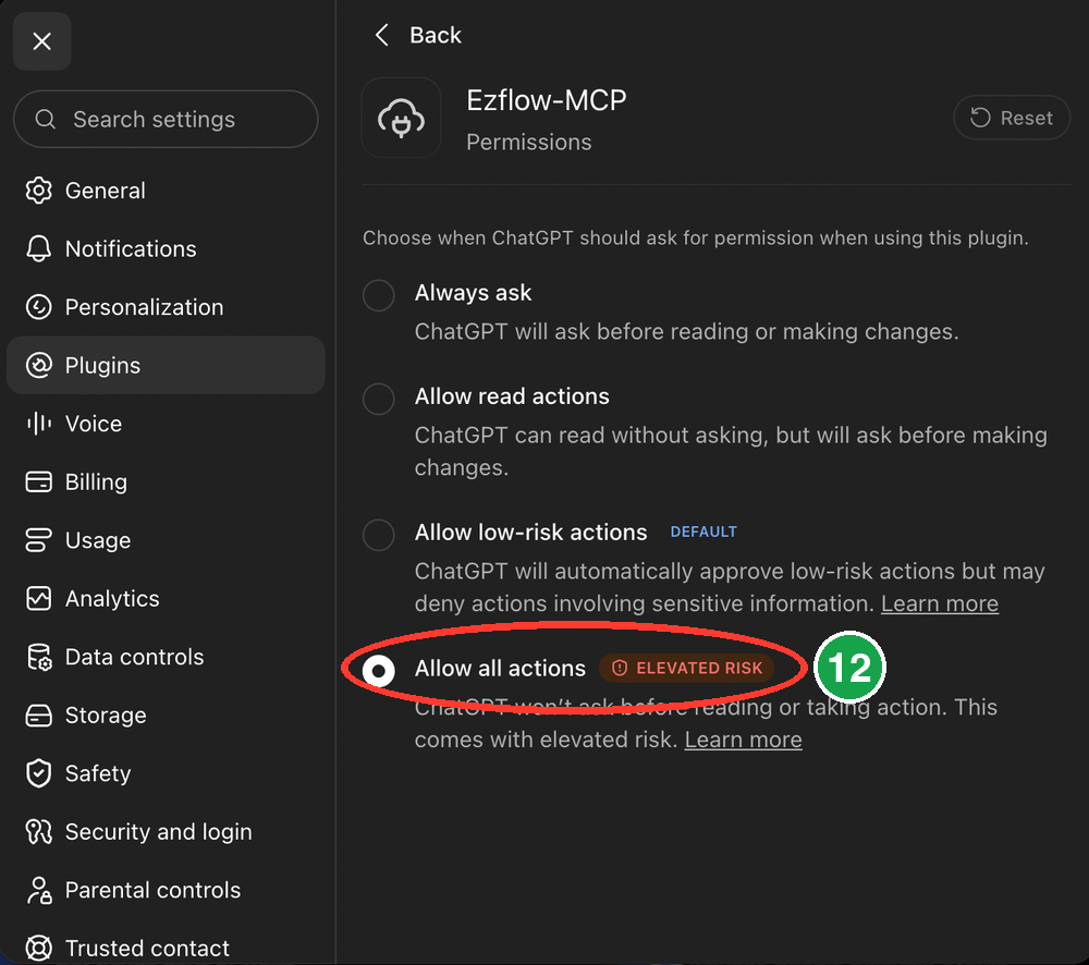 The permission levels with Allow all actions circled