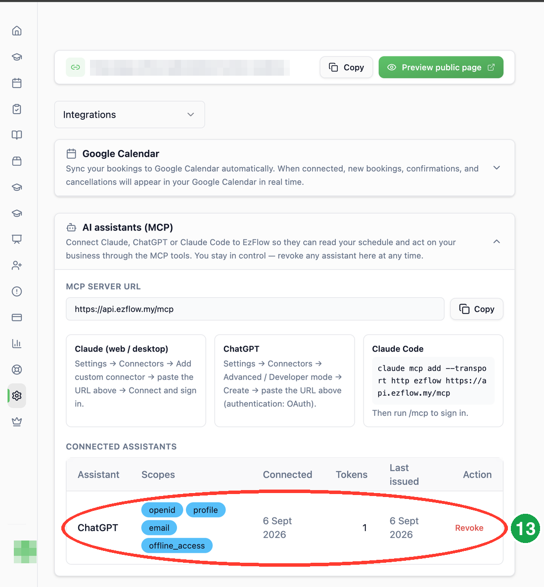 EzFlow Settings Integrations showing the connected assistant, with the row circled