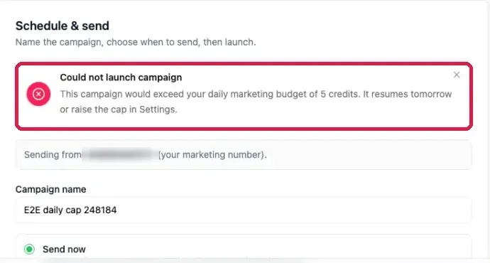 The Schedule & send step showing the Could not launch campaign notice, boxed