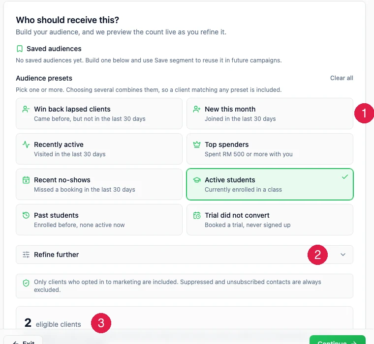 Step 1 of the campaign wizard, with the audience presets badged 1, the Refine further row badged 2 and the eligible clients count badged 3