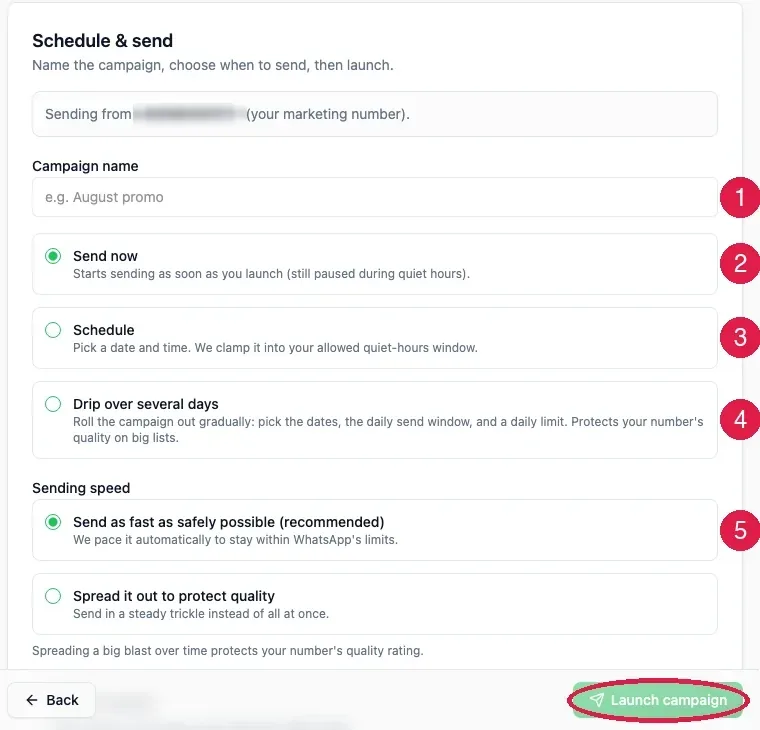 Step 4 of the campaign wizard with the campaign name badged 1, Send now badged 2, Schedule badged 3, Drip over several days badged 4, Sending speed badged 5 and the Launch campaign button circled