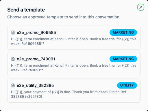 The Send a template dialog listing approved marketing and utility templates