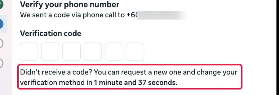Meta showing a boxed countdown before another code may be requested