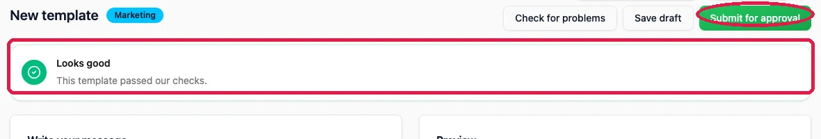 The builder showing Looks good, this template passed our checks, boxed, with the Submit for approval button circled