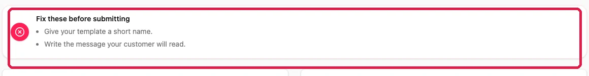 The red Fix these before submitting block, boxed, listing a missing name and an empty message