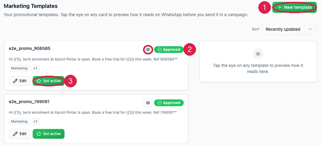 The Marketing Templates tab with the New template button circled and badged 1, the eye icon and Approved badge badged 2, and the Set active button circled and badged 3