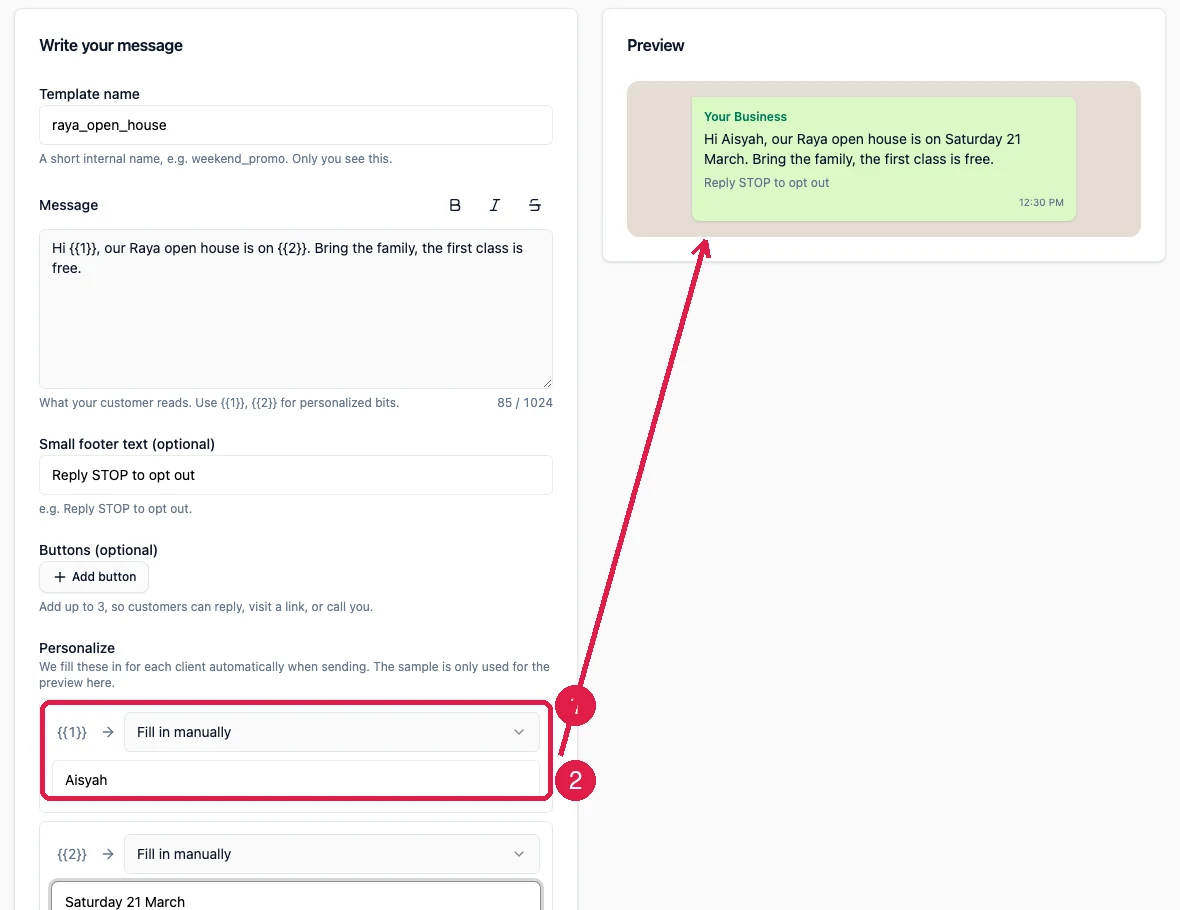 The Personalize section of the builder, boxed, with the mapping dropdown badged 1 and the sample field badged 2, and an arrow to the preview bubble