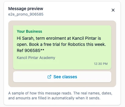 The Message preview panel showing a template as it reads on WhatsApp, with a sample name and class filled in