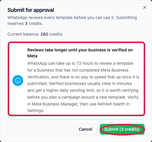 The Submit for approval dialog, with the notice about review time boxed and the Submit button circled