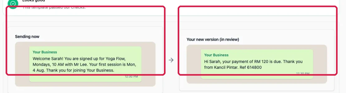 Editing an approved template, with the Sending now box and the Your new version in review box both boxed