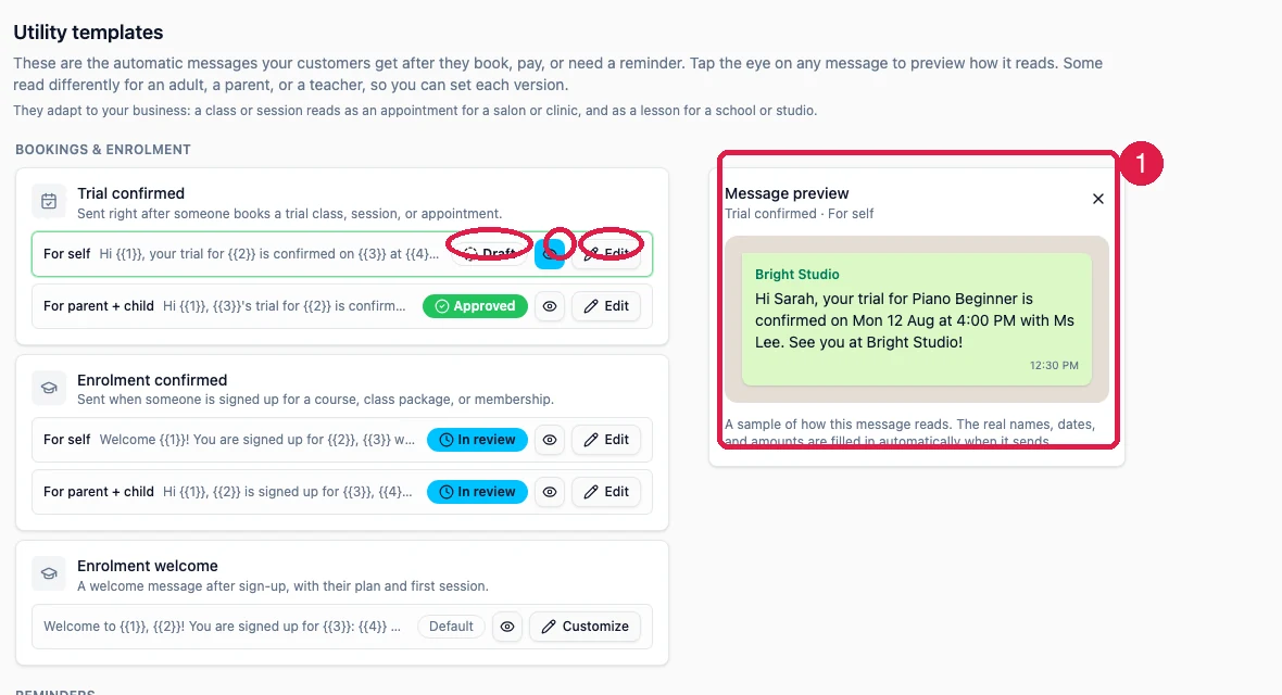 The Utility Templates tab with a For self row's status badge, eye icon and Edit button circled, and the Message preview panel boxed and badged 1